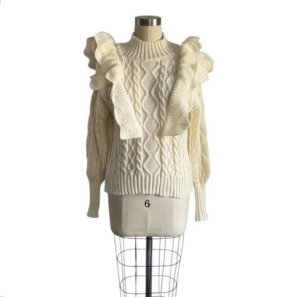 Ivory Cream Cable Knit Sweater w/Ruffles - S - Picture 2 of 7